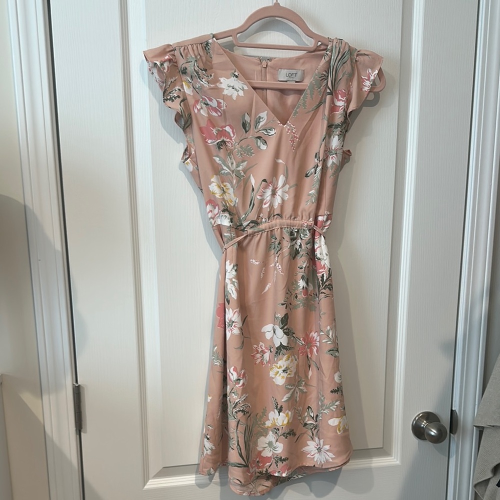 LOFT Pink Floral Ruffle Dress
